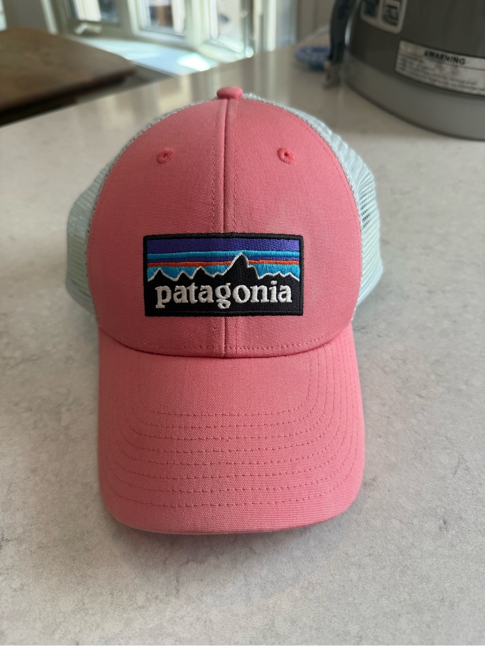 Patagonia Pink Front Patch Trucker Hat with Light Blue Mesh
